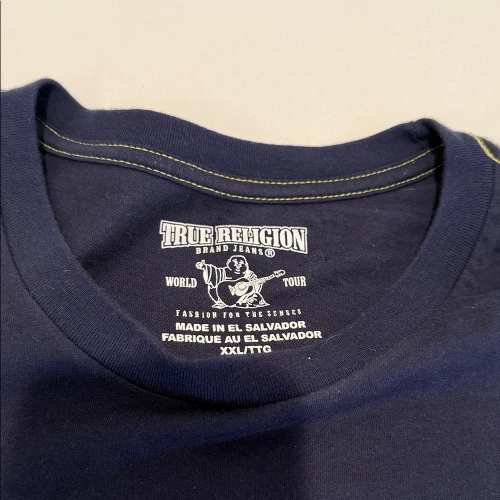 Y2K Men XXL True Religion Nostalgic Navy Retro Bold Football Beach Summer Tee